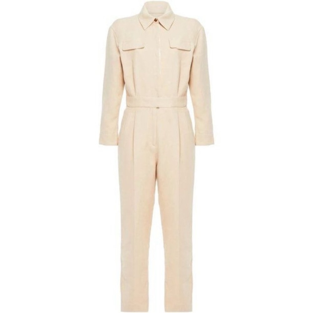 Sandro Uno Pleated Cotton And Linen-blend Twill Jumpsuit In Beige - Picture 6 of 11